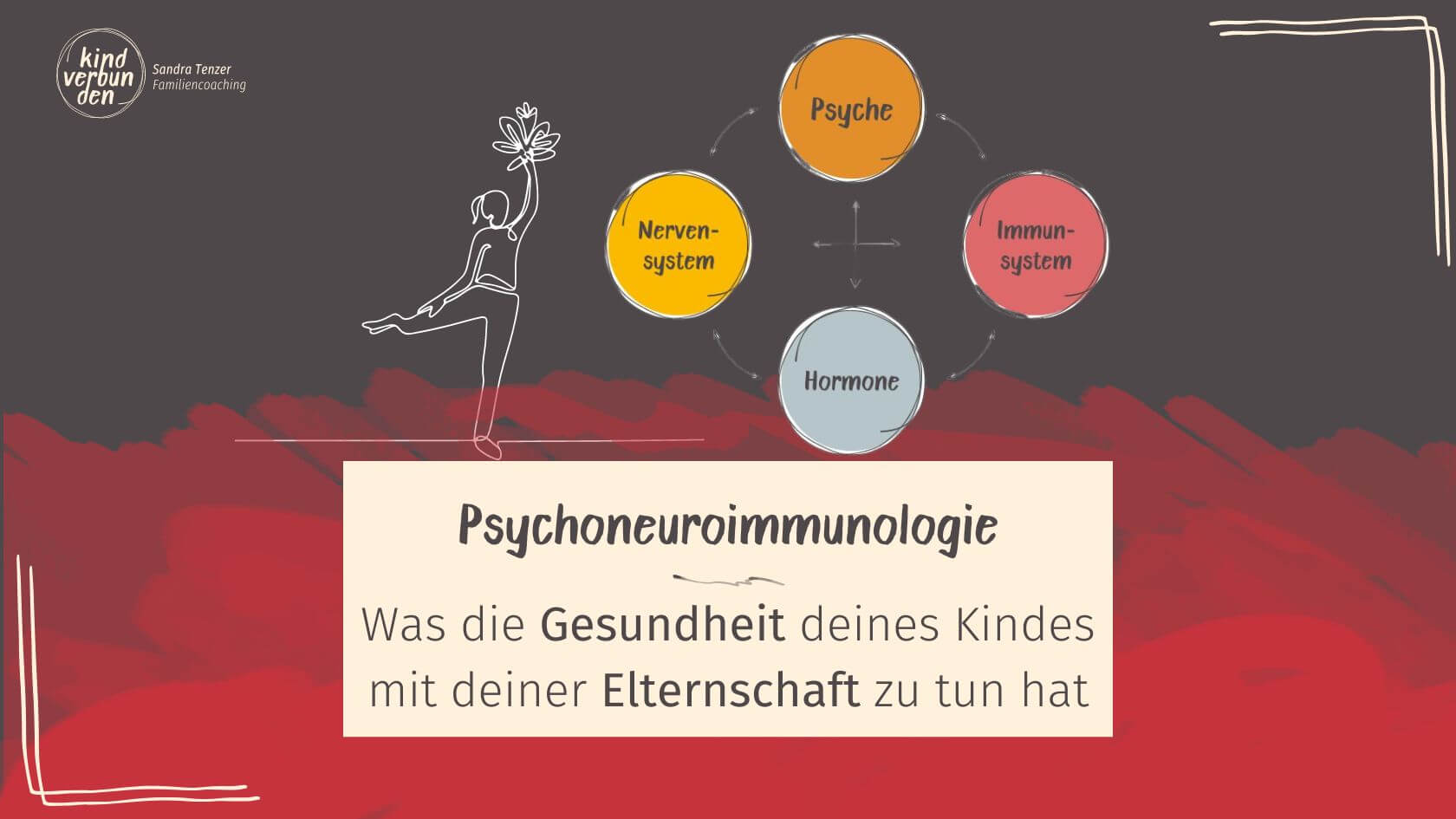 ein Bild in Grau-Rot. Da ist eine Zeichnung von einem Kind. Es sieht aus, als ob es fröhlich ist und springt. Daneben ist eine Grafik. Vier Kreise zeigen, was im Körper aufeinander wirkt: Psyche, Nervensystem, Immunsystem, Hormone. Darunter ist ein beiger Kasten. Da steht die Überschrift vom Artikel: Psychoneuroimmunologie - Was die Gesundheit deines Kindes mit deiner Elternschaft zu tun hat.