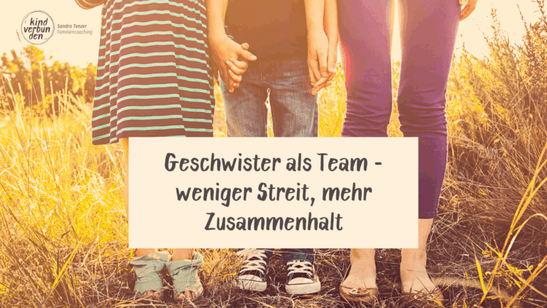 im Hintergrund ein Foto. MAn sieht drei Menschen, die sich an den Händen halten. Man sieht nur die Beine, Unterkörper und Hände. Zwei von den Menschen sind Kinder. Da ist ein Kasten mit einem Text. Da steht "Geschwister als Team- weniger Streit, mehr Zusammenhalt"